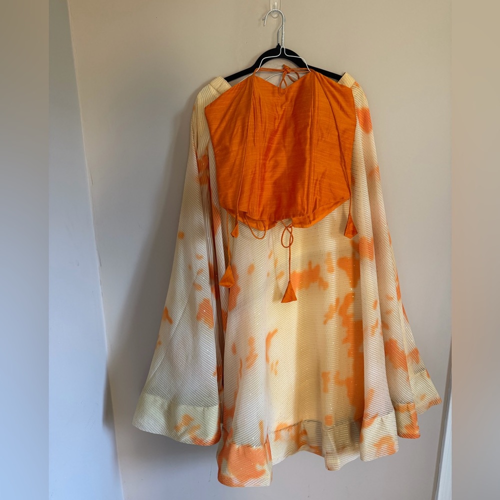 Tie-Back Orange Crop Top with Cream & Orange Tie-Dye skirt (Lehenga)
